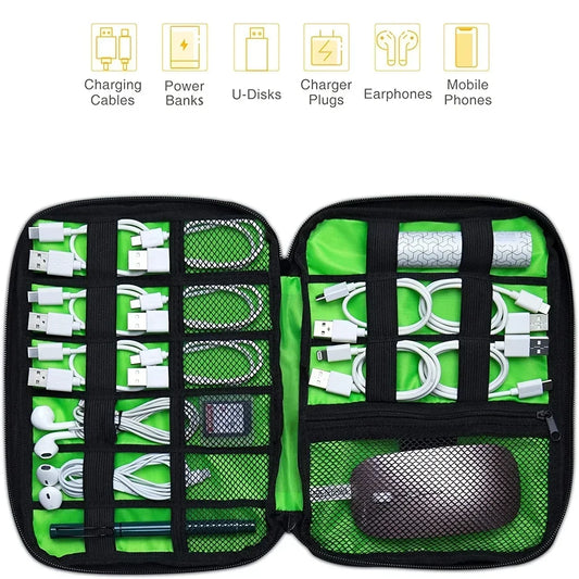 1pc Black Green Storage Bag Electronic Accessory Organizer Portable Usb Data Cable Charger Plug Travel Waterproof Organizer